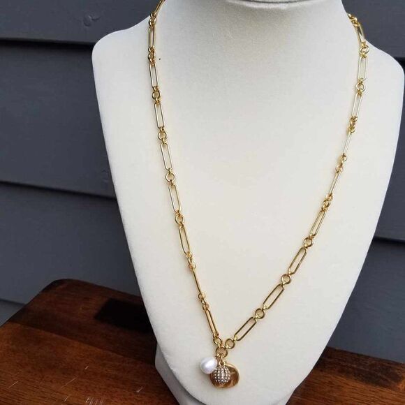 NWT J Crew Paper Clip Chain Charm Necklace Freshwater Pearl Pave Crystal Ball - Picture 11 of 11